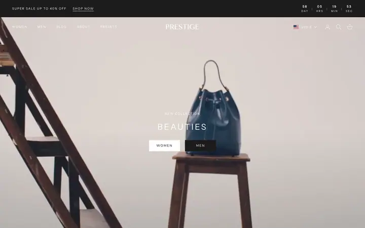 Prestige Shopify teması demo mağaza görünümü